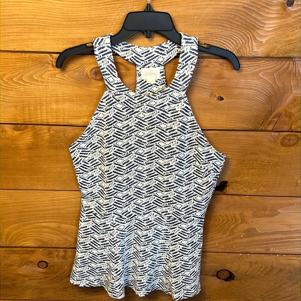 Deletta Black, Navy, and White Patterned Tank Top